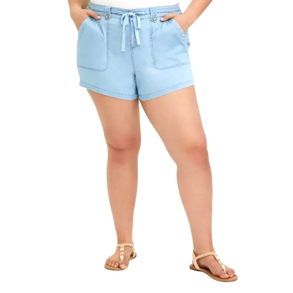 Torrid Chambray Blue Relaxed Fit Draw String Waste Cotton Casual Short Shorts